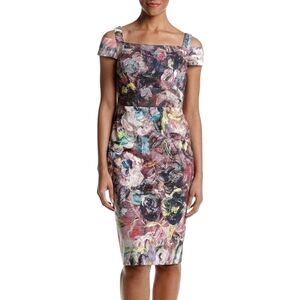 {Nicole Miller} NWT: New York Womens Printed Cold Shoulder Sheath Midi Dress